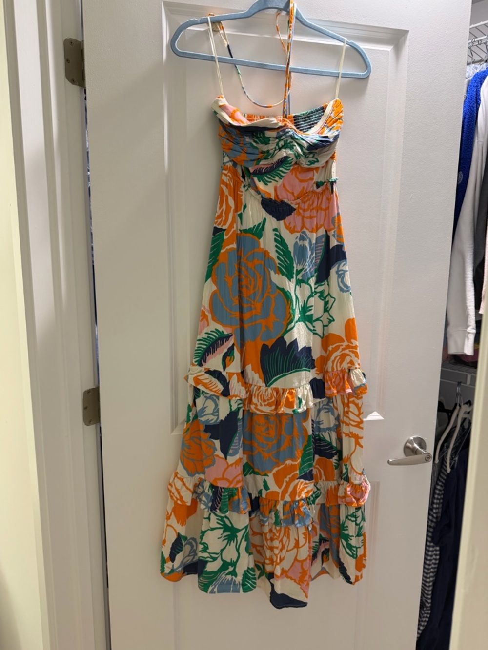Strapless Floral Tiered Maxi Dress in Orange, Blue & Green